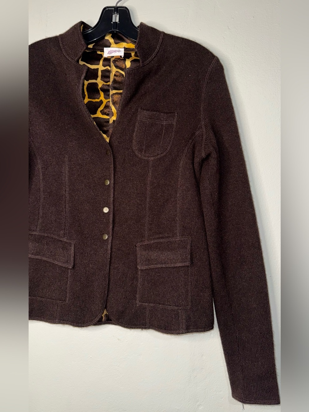 Leggiadro Dark Brown Snap-Front Knit Blazer with Patterned Lining - Picture 3 of 13